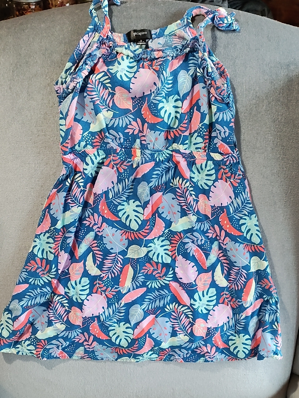 Picapino Blue Tropical Leaf Tie-Shoulder Casual Dress for Girls 5, 100% rayon,